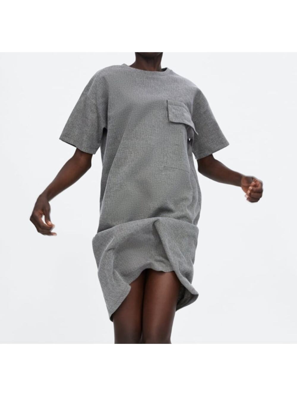 NWOT Zara Basic T Shirt Dress Textured Knit Flap Pocket Short Sleeve Medium Gray